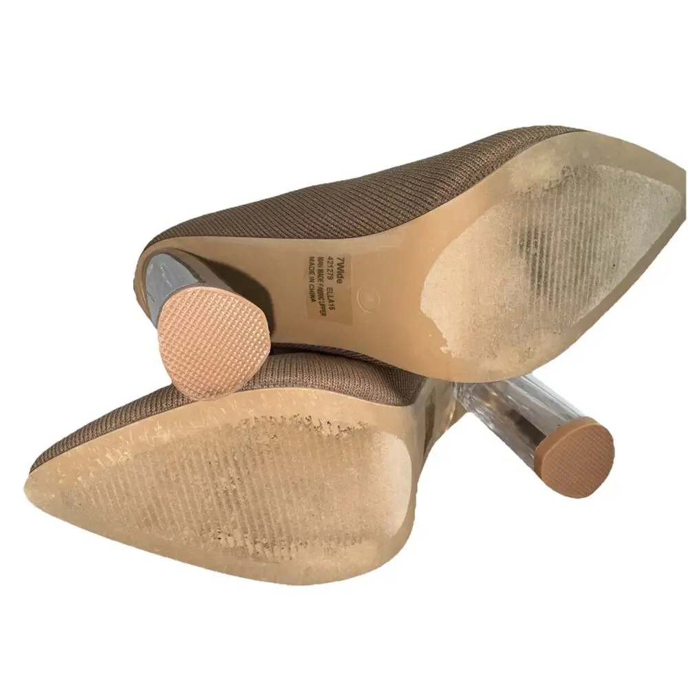 Fashion Nova Tan Stretch Heel Boots Sock Booties 7 WIDE Clear Block Heel Pointed